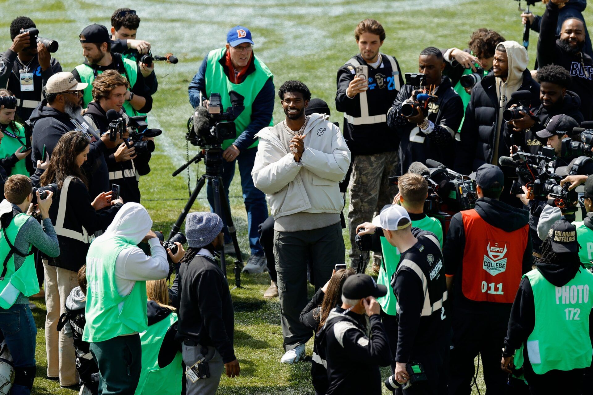Apr 19, 2025; Boulder, CO, USA; Former Colorado Buffaloes player Shedeur Sanders during his number retirement ceremony before the spring game at Folsom Field. Mandatory Credit: Isaiah J. Downing-Imagn Images