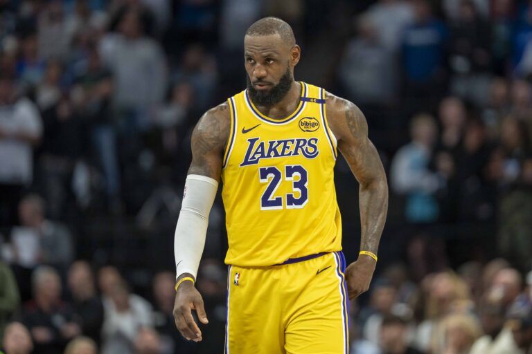 Los Angeles Lakers forward LeBron James (23) looks on against the Minnesota Timberwolves in the second half during game three of first round for the 2024 NBA Playoffs at Target Center.