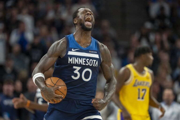 Minnesota Timberwolves forward Julius Randle (30) reacts in celebration after a foul is called against the Los Angeles Lakers in the first half during game three of first round for the 2024 NBA Playoffs at Target Center.