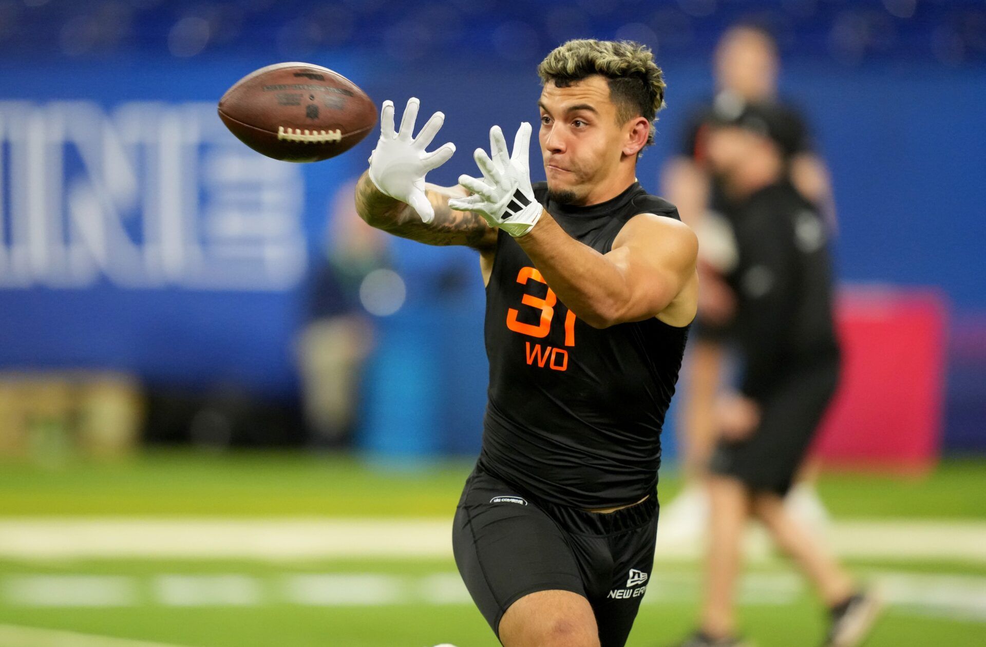 Miami wideout Xavier Restrepo (WO37) during the 2025 NFL Combine at Lucas Oil Stadium. 2025 NFL Draft