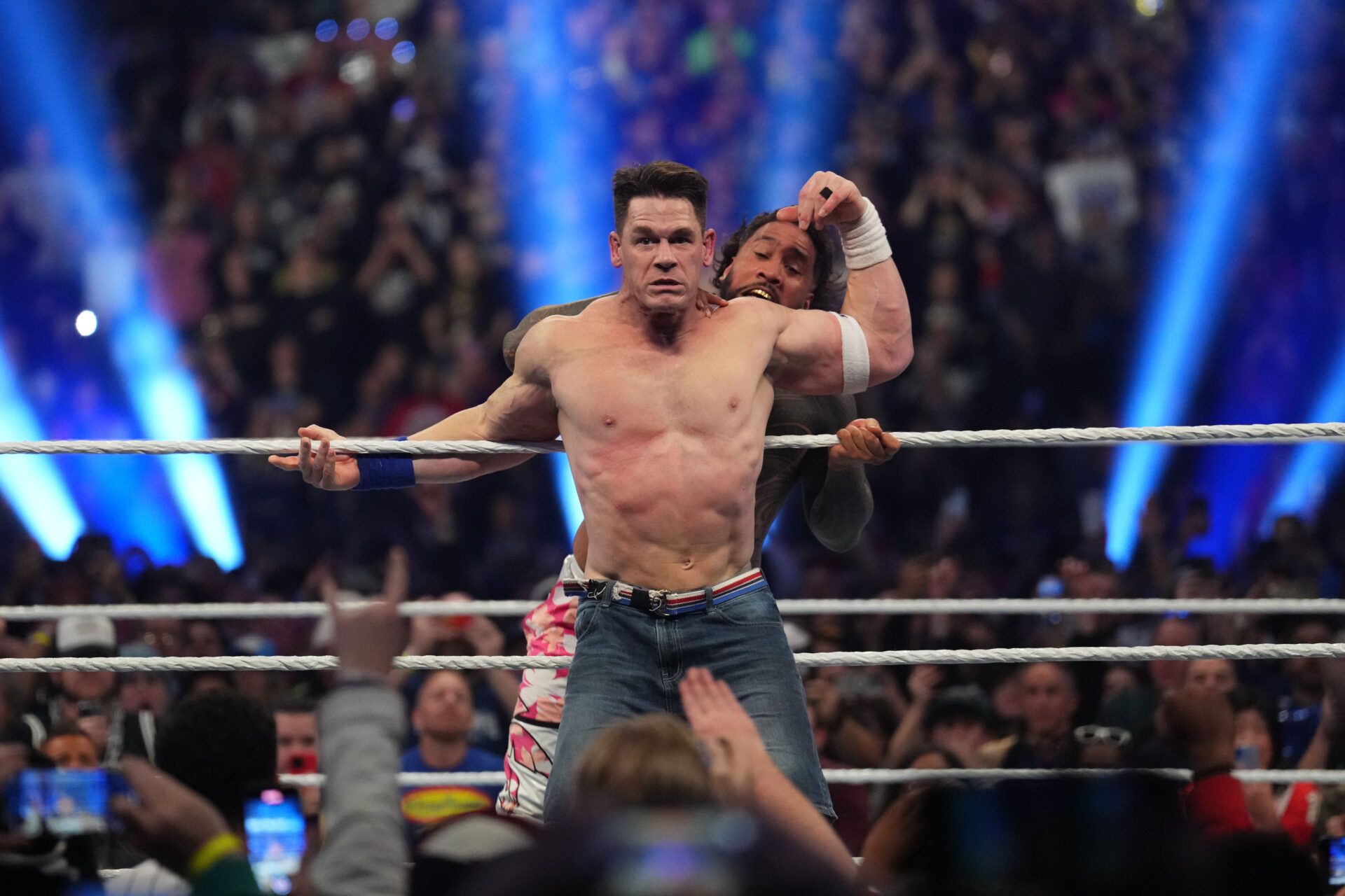 Feb 1, 2025; Indianapolis, IN, USA; Jey Uso eliminates John Cena to win the Men’s Royal Rumble match during the WWE Royal Rumble at Lucas Oil Stadium. Mandatory Credit: Joe Camporeale-Imagn Images