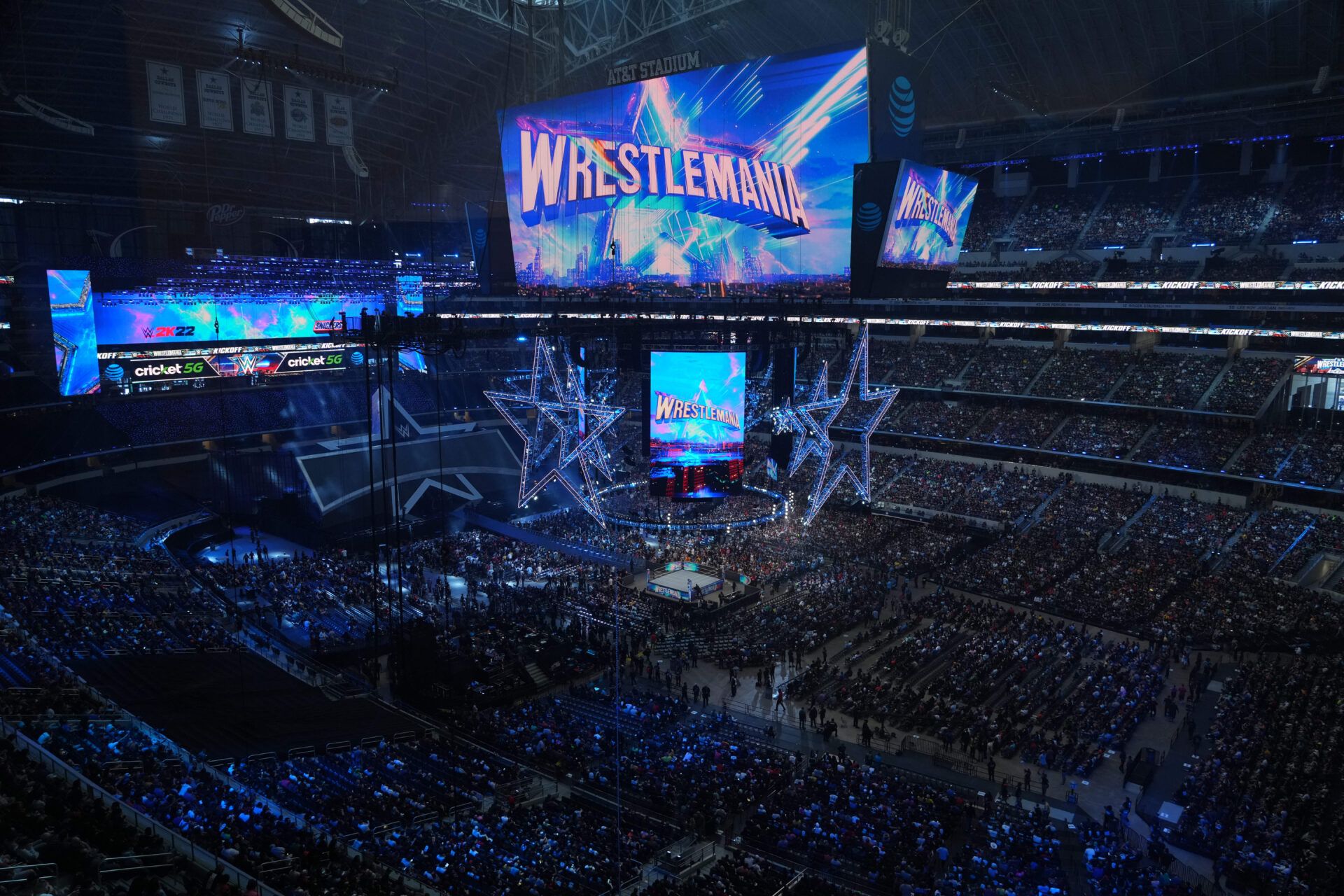 Apr 2, 2022; Arlington, TX, USA; A general view prior to WrestleMania at AT&T Stadium. Mandatory Credit: Joe Camporeale-USA TODAY Sports