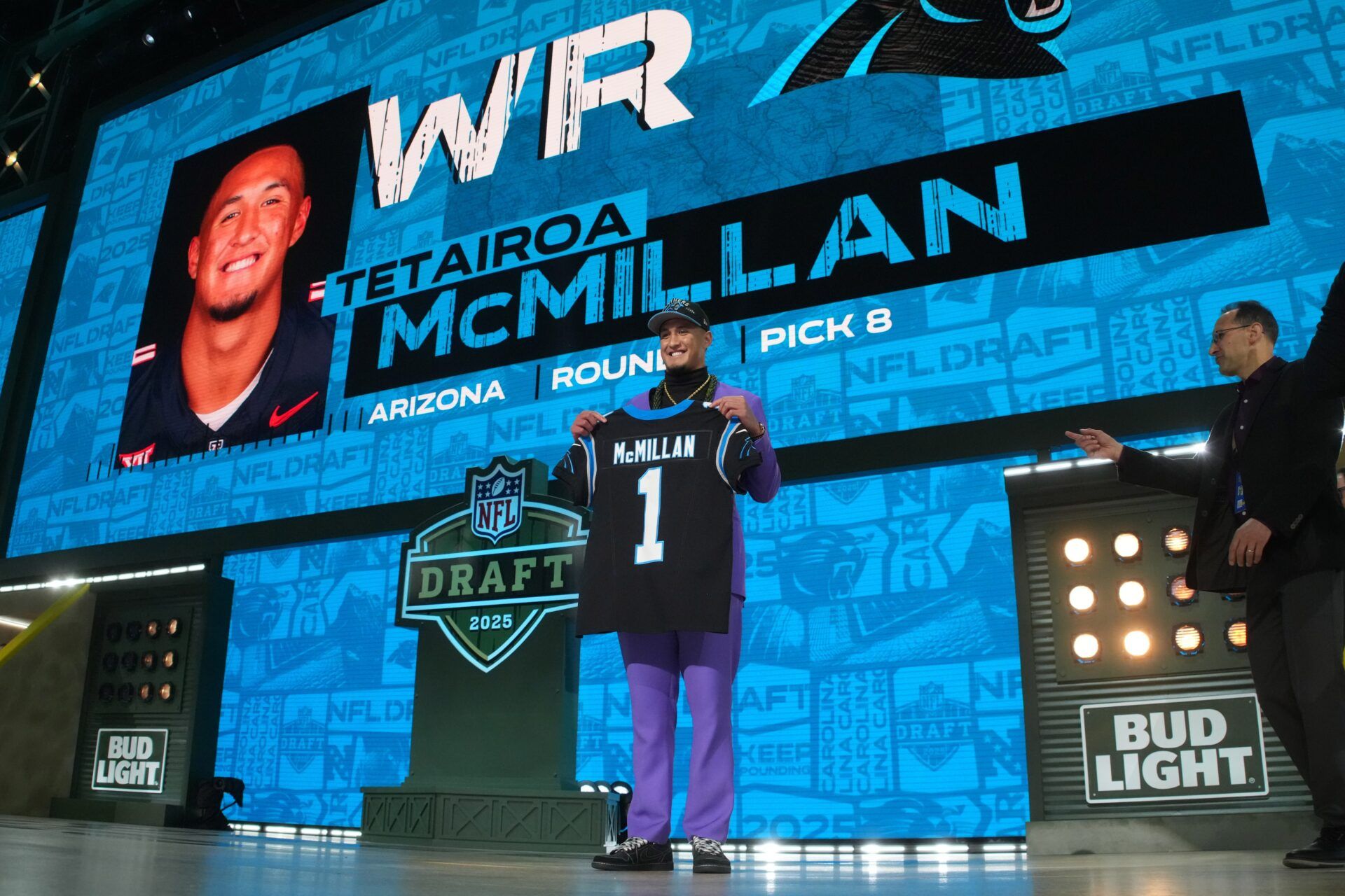 Arizona Wildcats wide receiver Tetairoa McMillan is selected by the Carolina Panthers as the number eight pick  in the first round of the 2025 NFL Draft at Lambeau Field.