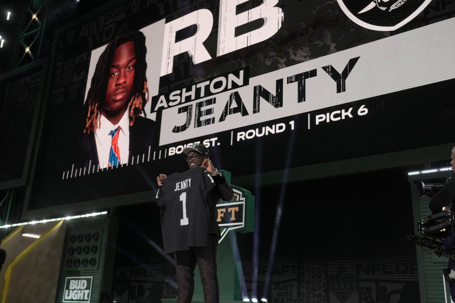 Boise State Broncos running back Ashton Jeanty is selected by the Las Vegas Raiders as the number six pick in the first round of the 2025 NFL Draft at Lambeau Field.