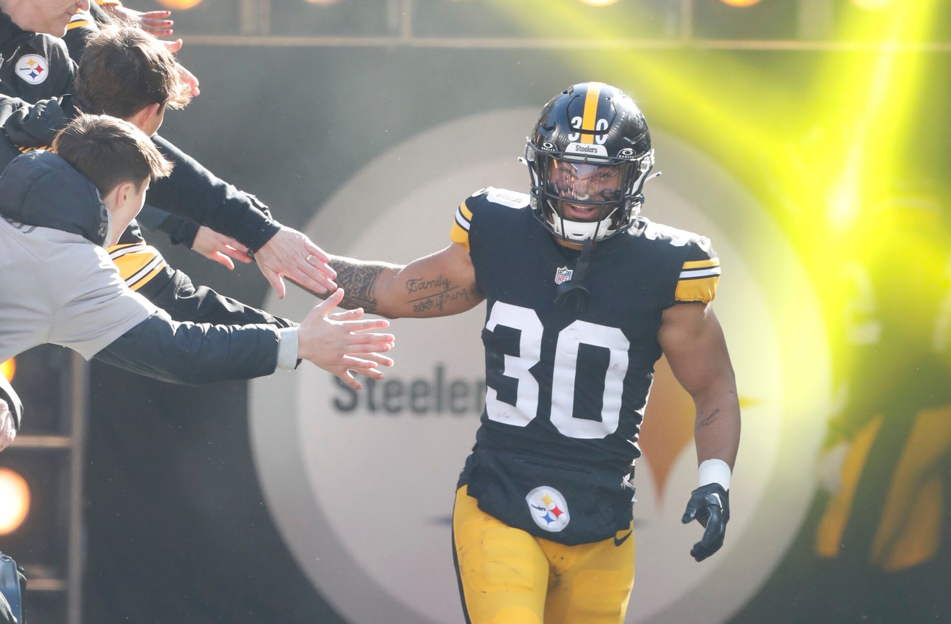 Pittsburgh Steelers running back Jaylen Warren (30) reacts as he takes the field  against the Green Bay Packers at Acrisure Stadium.