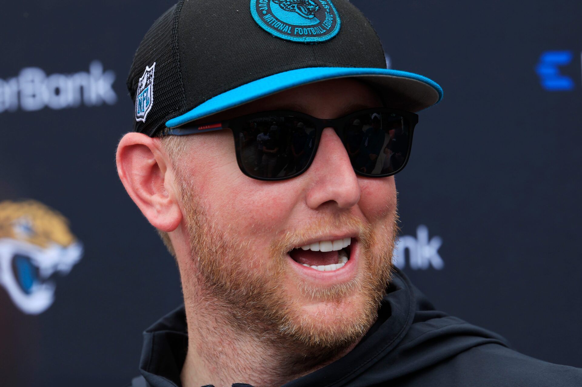 Jacksonville Jaguars head coach Liam Coen is interviewed by members of the media during a rookie minicamp at Miller Electric Center Saturday, May 10, 2025 in Jacksonville, Fla. [Corey Perrine/Florida Times-Union]