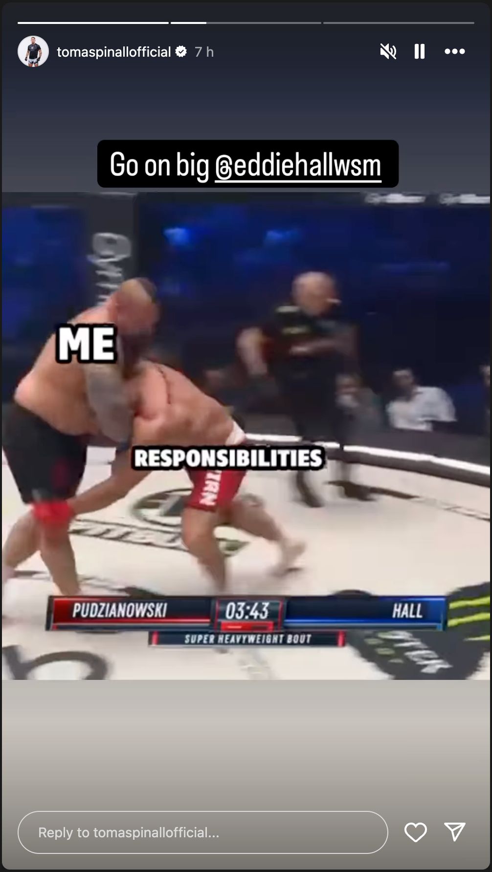 Tom Aspinall reacts to Eddie Hall's MMA debut. (screenshot courtey: @tomaspinallofficial via Instagram)