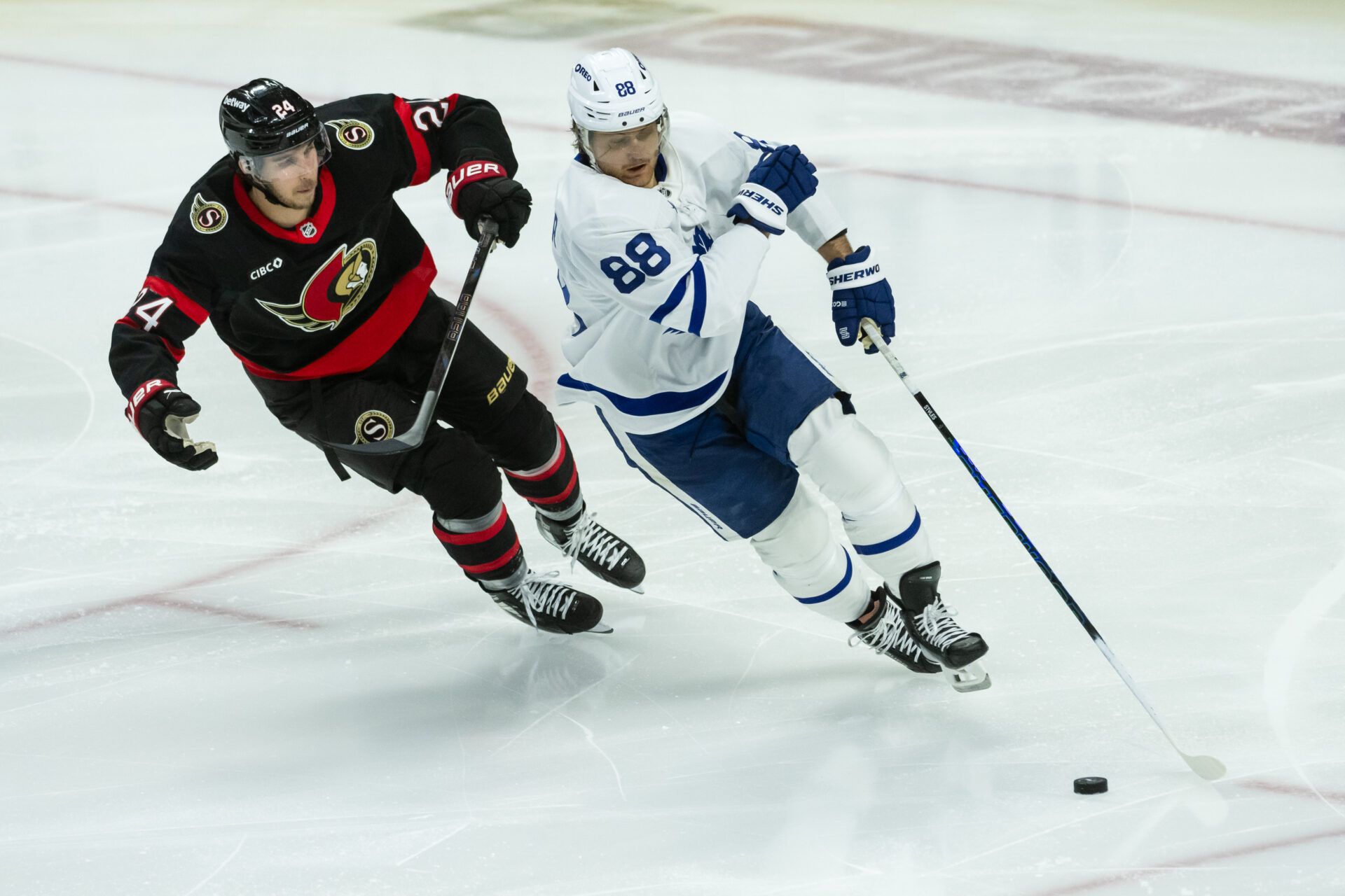 Apr 26, 2025; Ottawa, Ontario, CAN; Ottawa Senators center Dylan Cozens (24) chases Toronto Maple Leafs right wing William Nylander (88) in game four of the first round of the 2025 Stanley Cup Playoffs at Canadian Tire Centre. Mandatory Credit: Marc DesRosiers-Imagn Images