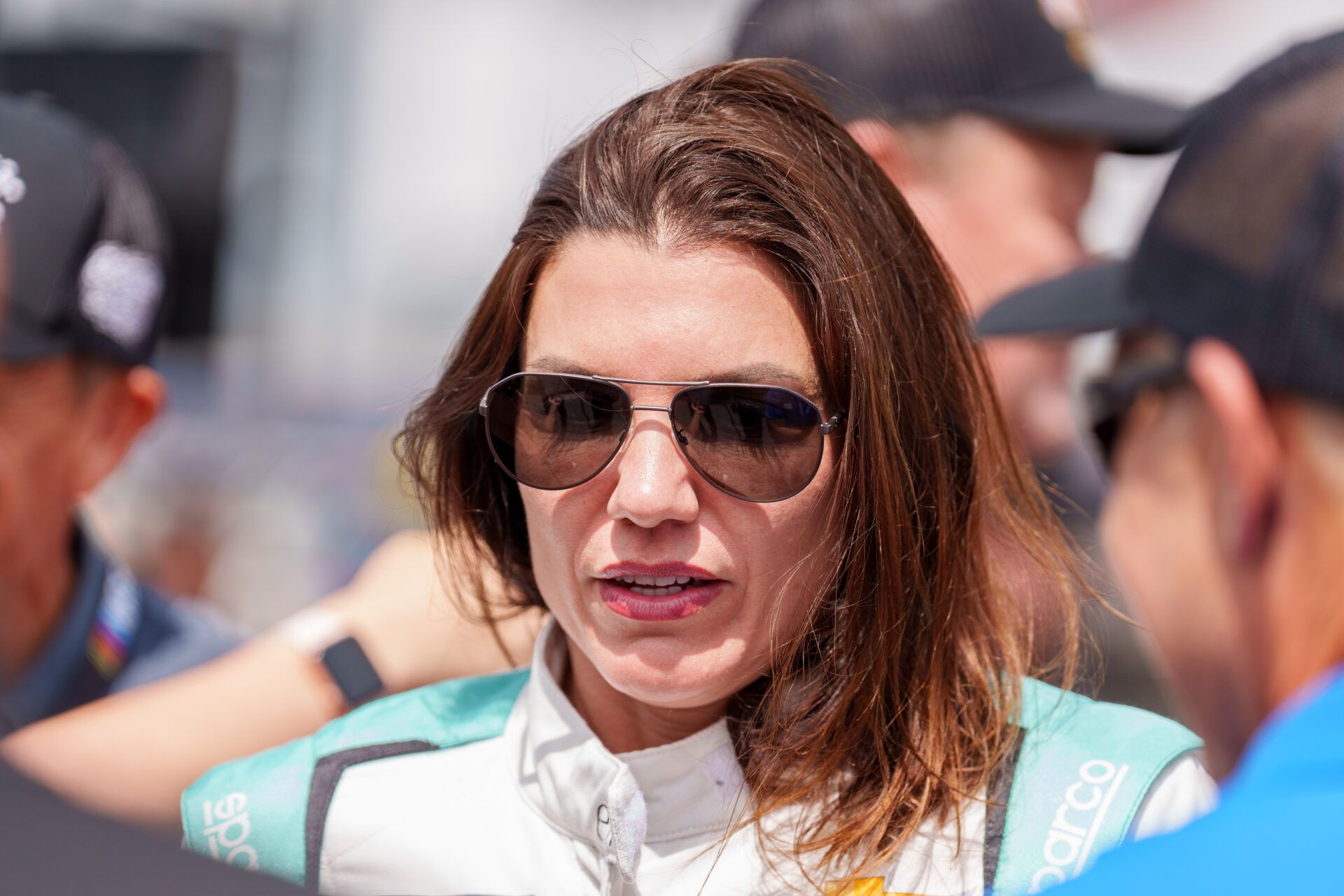 Apr 26, 2025; Talladega, Alabama, USA; Xfinity Series driver Katherine Legge (32) speaks with fans before the race at Talladega Superspeedway. Mandatory Credit: Jason Allen-Imagn Images