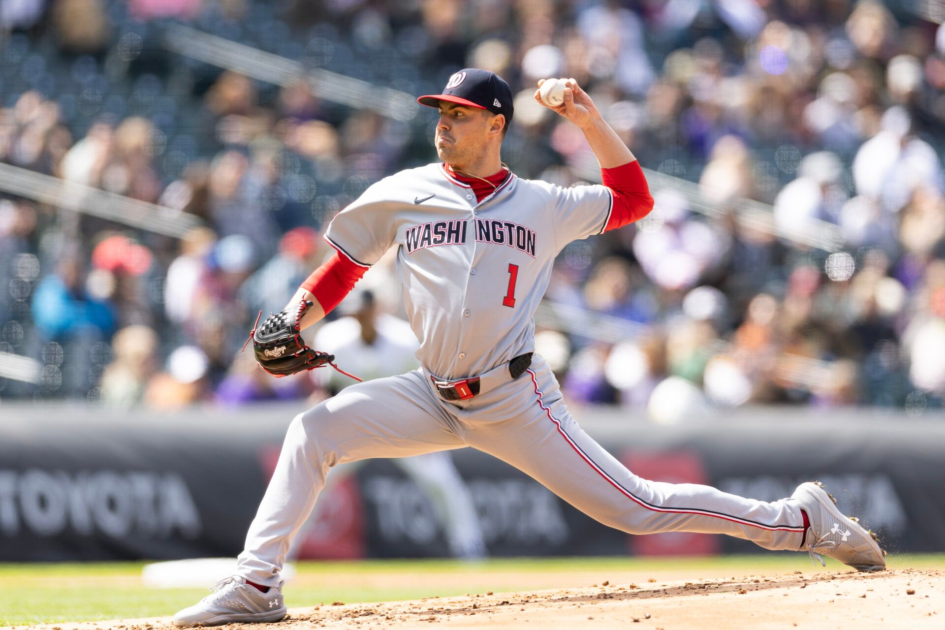 DENVER, COLORADO - APRIL 19: MacKenzie Gore #1 of the Washington Nationals delivers a pitch during the second inning against the Colorado Rockies at Coors Field on April 19, 2025 in Denver, Colorado. (Photo by Andrew Wevers/Getty Images)
