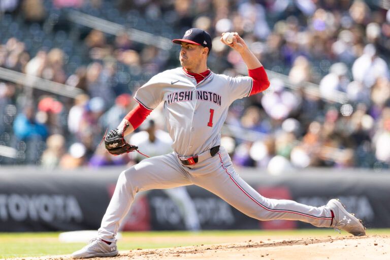 DENVER, COLORADO - APRIL 19: MacKenzie Gore #1 of the Washington Nationals delivers a pitch during the second inning against the Colorado Rockies at Coors Field on April 19, 2025 in Denver, Colorado. (Photo by Andrew Wevers/Getty Images)