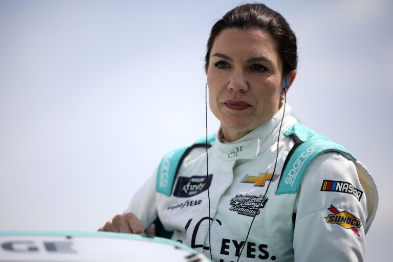 ROCKINGHAM, NORTH CAROLINA - APRIL 19: Katherine Legge, driver of the #32 e.l.f. Cosmetics Chevrolet, looks on during qualifying for the NASCAR Xfinity Series North Carolina Education Lottery 250 presented by Black’s Tire at Rockingham Speedway on April 19, 2025 in Rockingham, North Carolina. (Photo by James Gilbert/Getty Images)