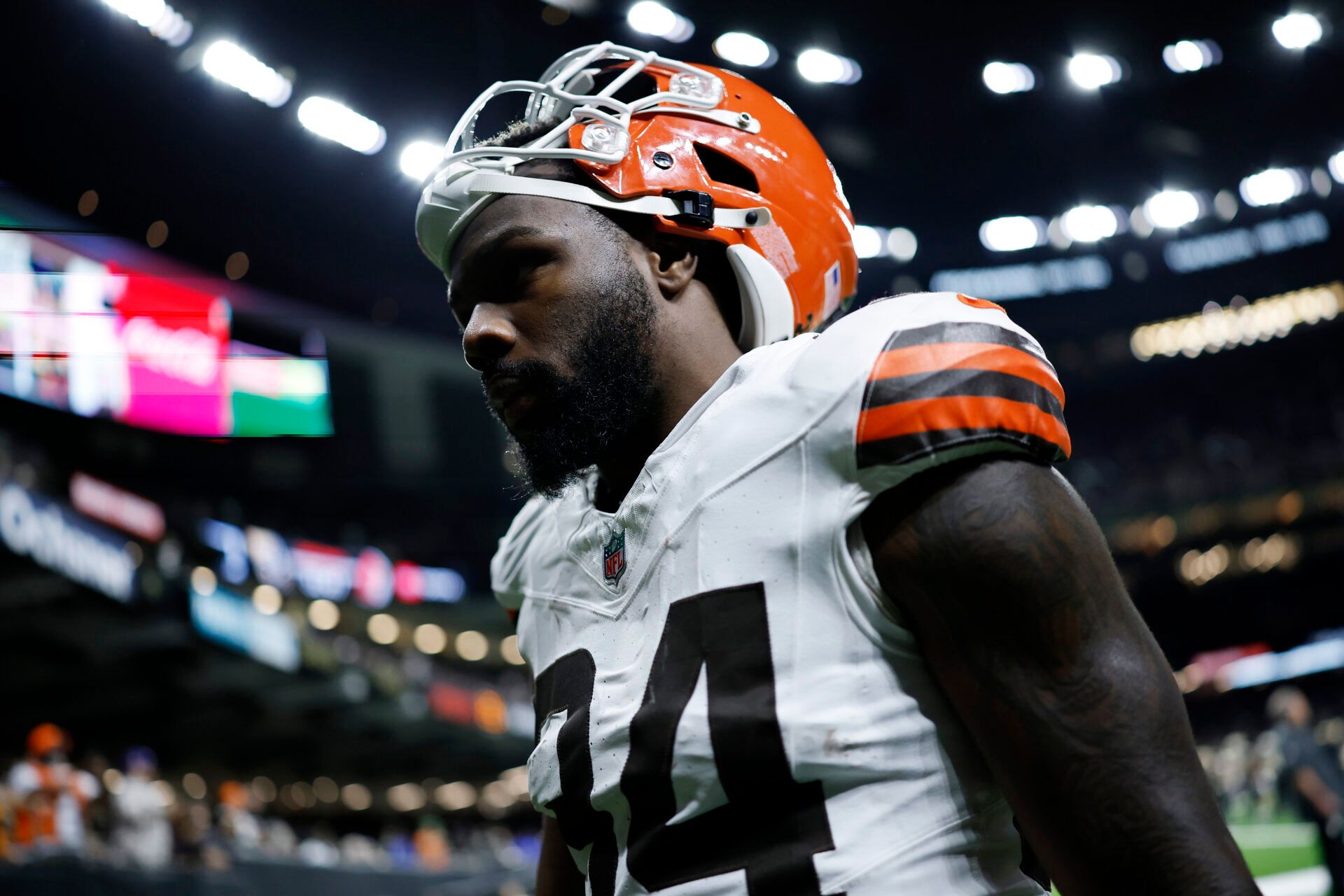 NEW ORLEANS, LOUISIANA - NOVEMBER 17: Jerome Ford #34 of the Cleveland Browns looks on during the game against the New Orleans Saints at Caesars Superdome on November 17, 2024 in New Orleans, Louisiana. (Photo by Chris Graythen/Getty Images)