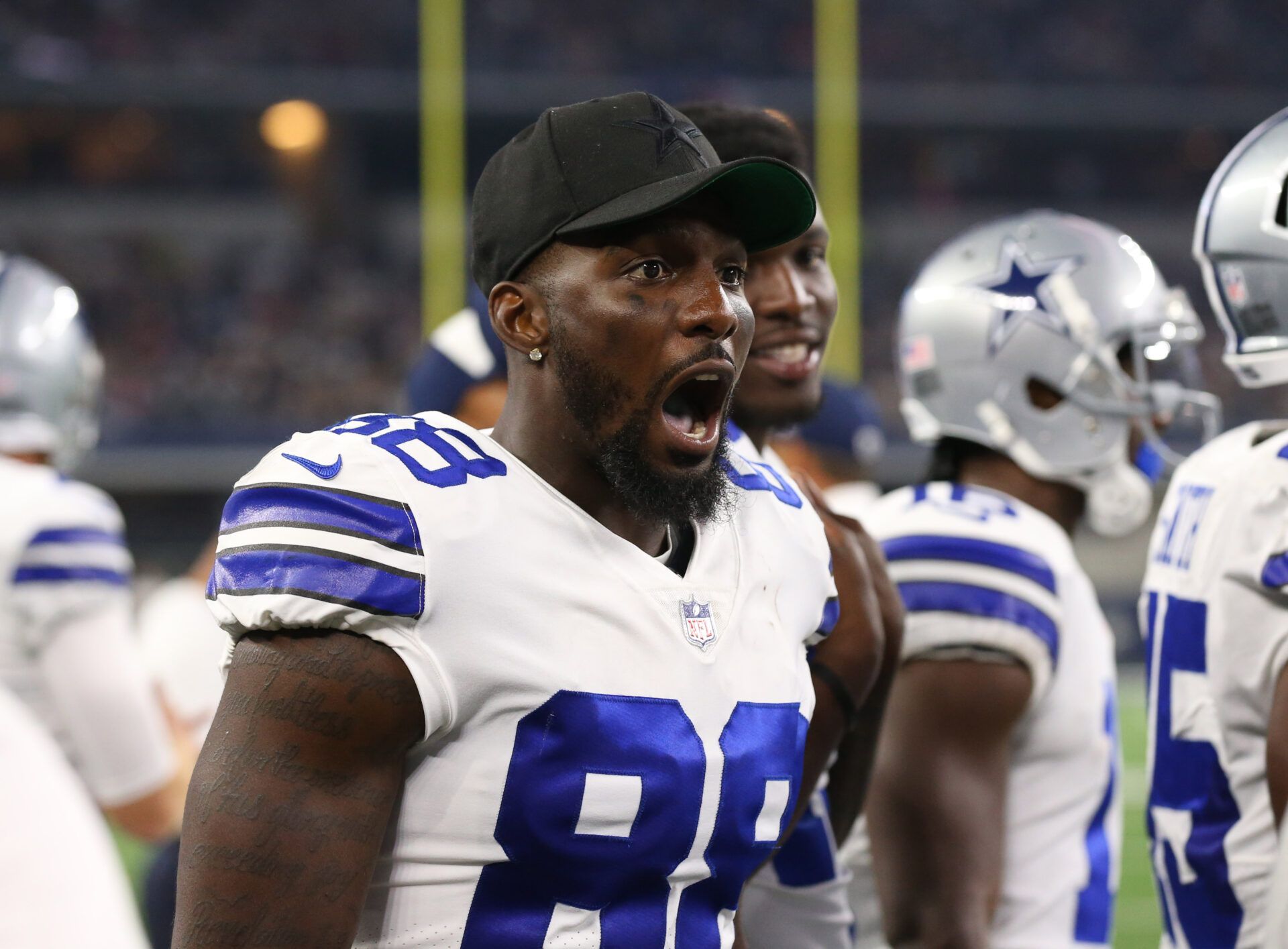 Aug 19, 2017; Arlington, TX, USA; Dallas Cowboys receiver Dez Bryant (88) reacts on the sidelines during the game against Indianapolis Colts at AT&T Stadium. Mandatory Credit: Matthew Emmons-USA TODAY Sports
