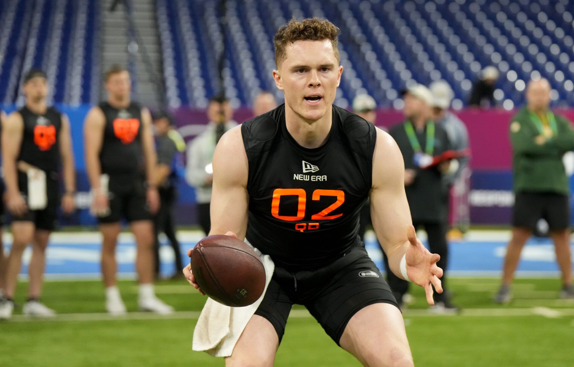 Mar 1, 2025; Indianapolis, IN, USA; Missouri quarterback Brady Cook (QB02) during the 2025 NFL Combine at Lucas Oil Stadium. Mandatory Credit: Kirby Lee-Imagn Images