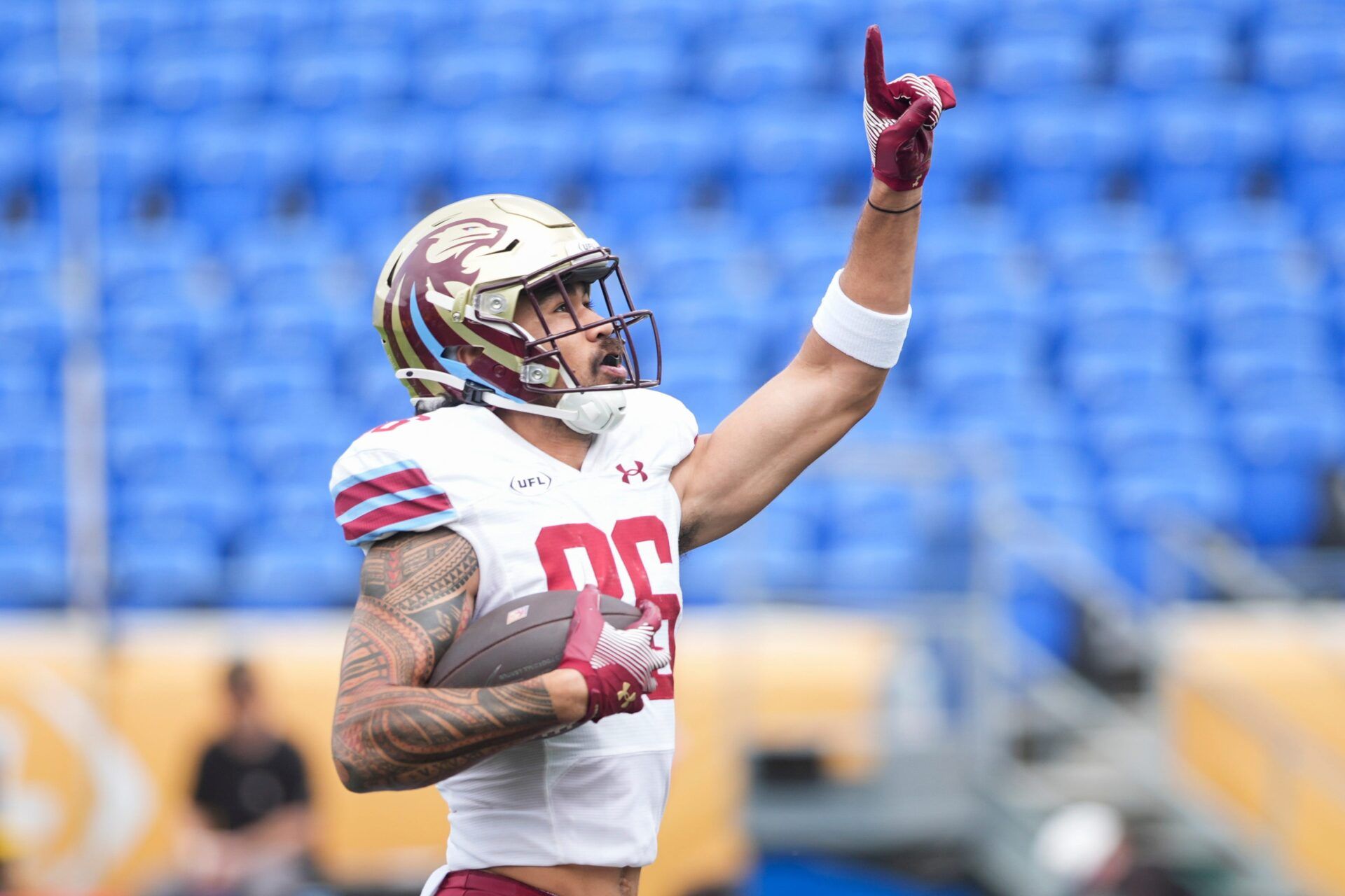 Panthers’ Samson Nacua (86) celebrates as he scores a touchdown during the UFL game between the Memphis Showboats and Michigan Panthers at Simmons Bank Liberty Stadium in Memphis, Tenn., on Sunday, March 30, 2025.