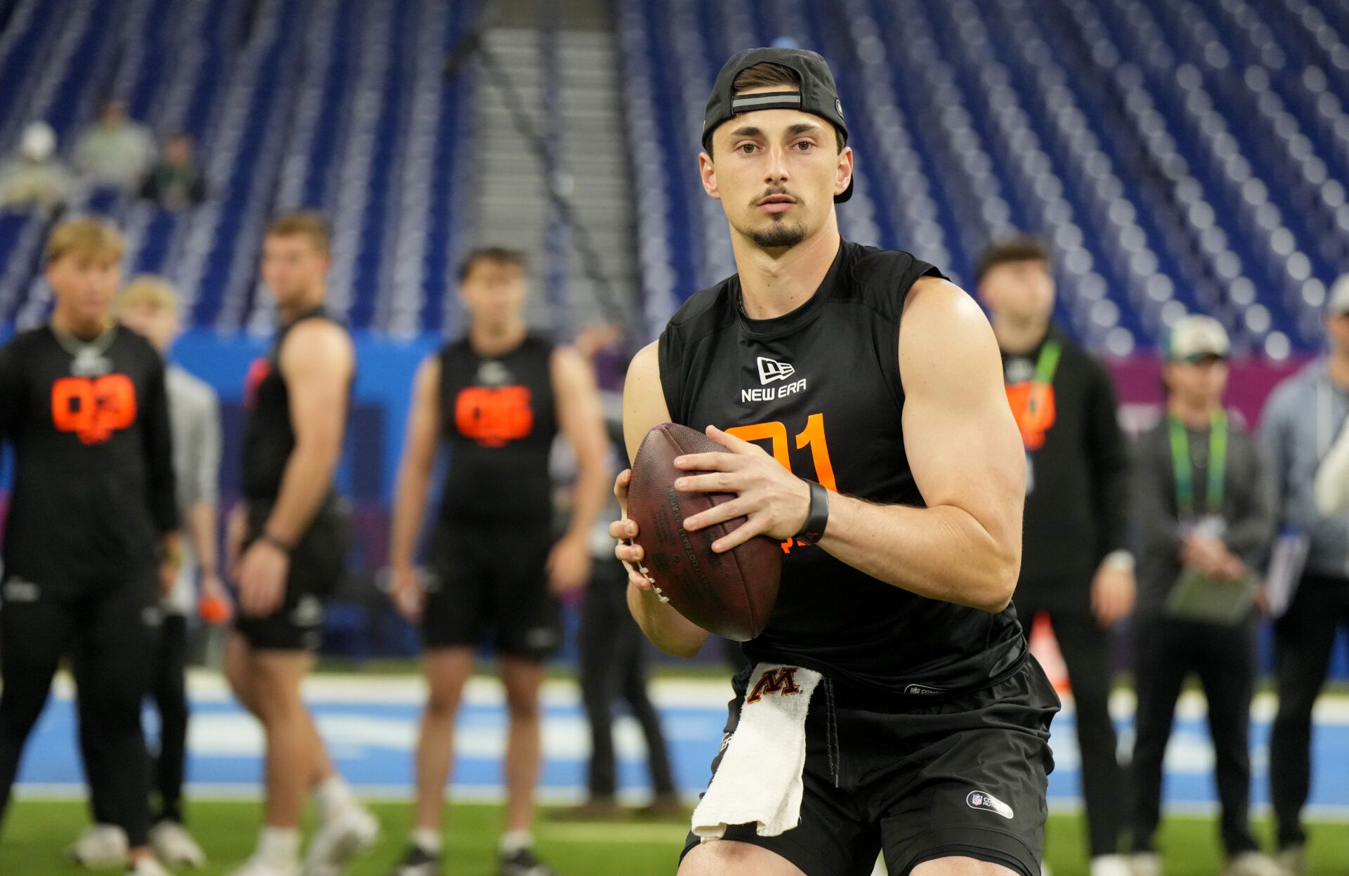 Mar 1, 2025; Indianapolis, IN, USA; Minnesota quarterback Max Brosmer (QB01) during the 2025 NFL Combine at Lucas Oil Stadium. Mandatory Credit: Kirby Lee-Imagn Images