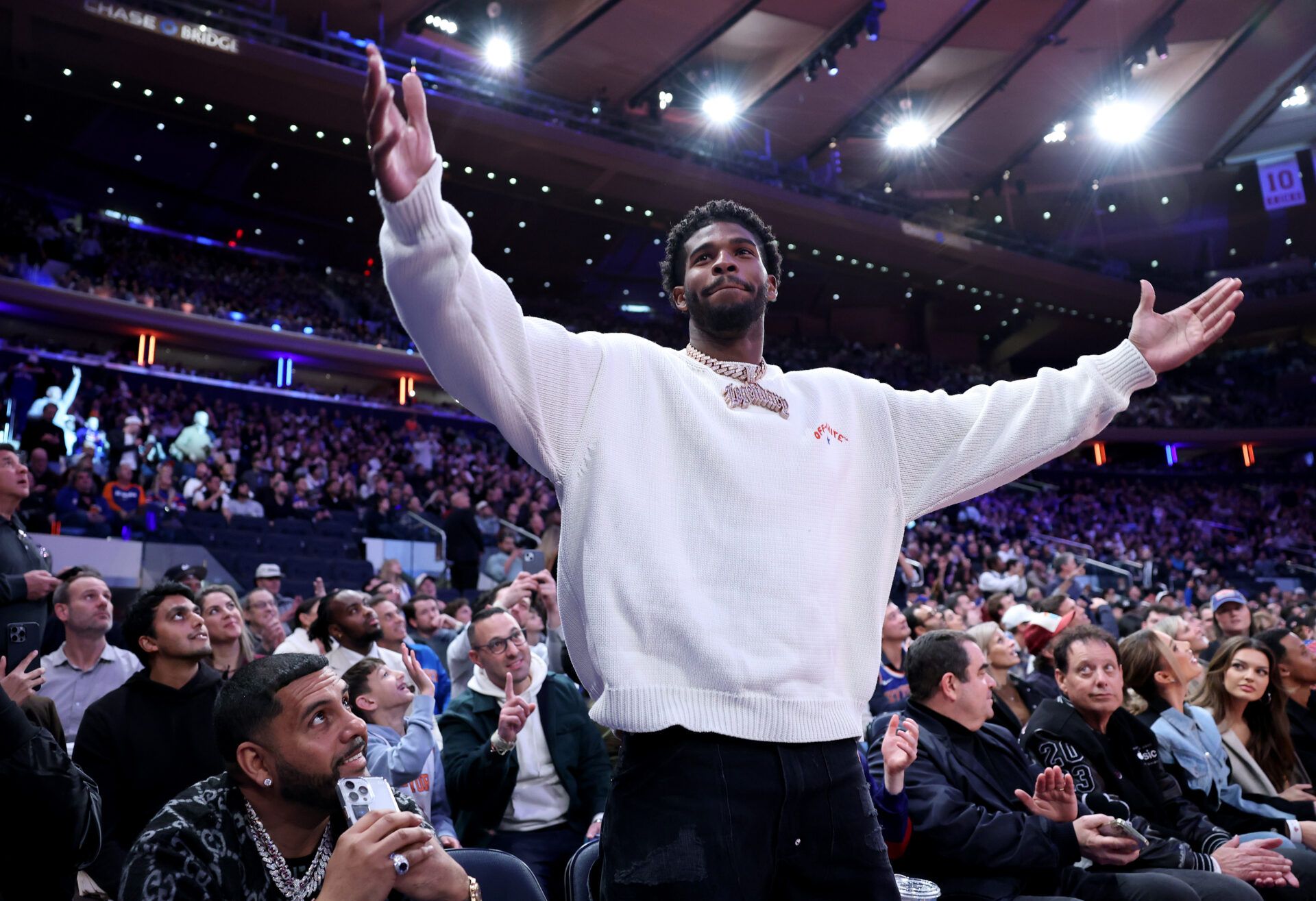 NEW YORK, NEW YORK - DECEMBER 11: Shedeur Sanders attends the quarterfinal game of the Emirates NBA Cup between the New York Knicks and the Atlanta Hawks at Madison Square Garden on December 11, 2024 in New York City. The Atlanta Hawks defeated the New York Knicks 108-100 to advance to the semifinal round. NOTE TO USER: User expressly acknowledges and agrees that, by downloading and or using this photograph, User is consenting to the terms and conditions of the Getty Images License Agreement. (Photo by Elsa/Getty Images)