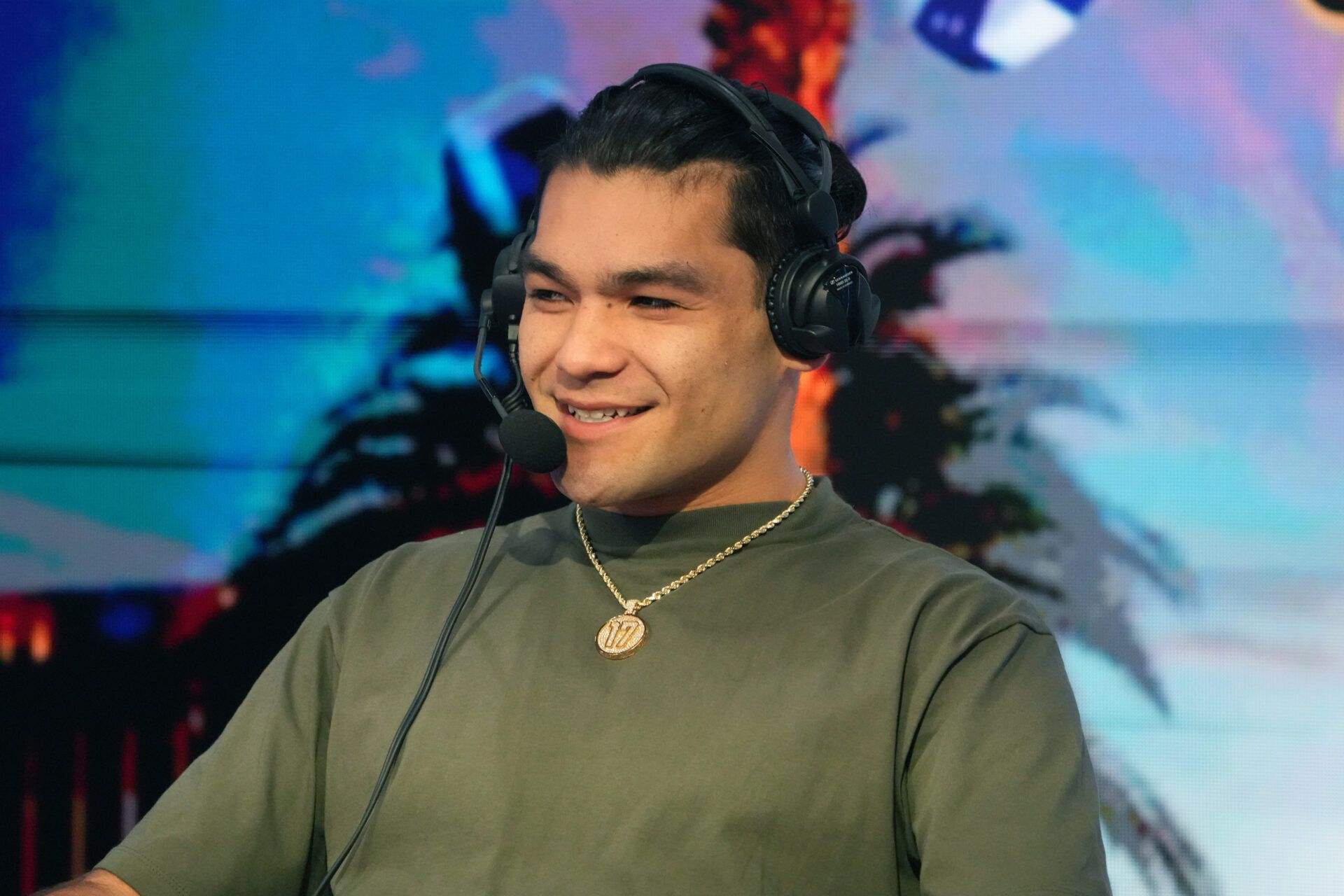 Feb 8, 2024; Las Vegas, NV, USA; Los Angeles Rams receiver Puca Nacua on the Pat McAfee show on radio row at the Super Bowl 58 media center at the Mandalay Bay resort and casino. Mandatory Credit: Kirby Lee-USA TODAY Sports
