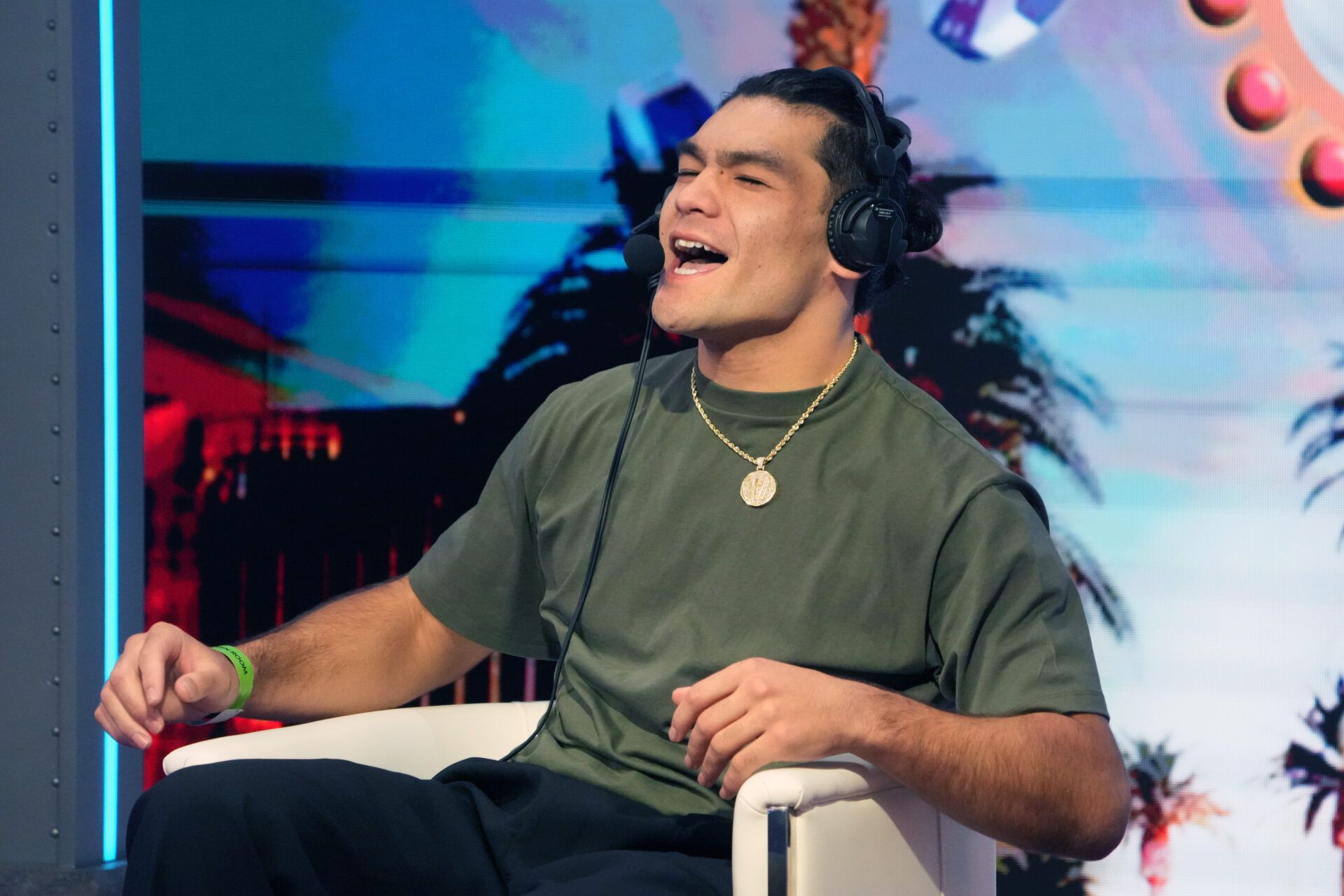 Feb 8, 2024; Las Vegas, NV, USA; Los Angeles Rams receiver Puca Nacua on the Pat McAfee show on radio row at the Super Bowl 58 media center at the Mandalay Bay resort and casino. Mandatory Credit: Kirby Lee-USA TODAY Sports