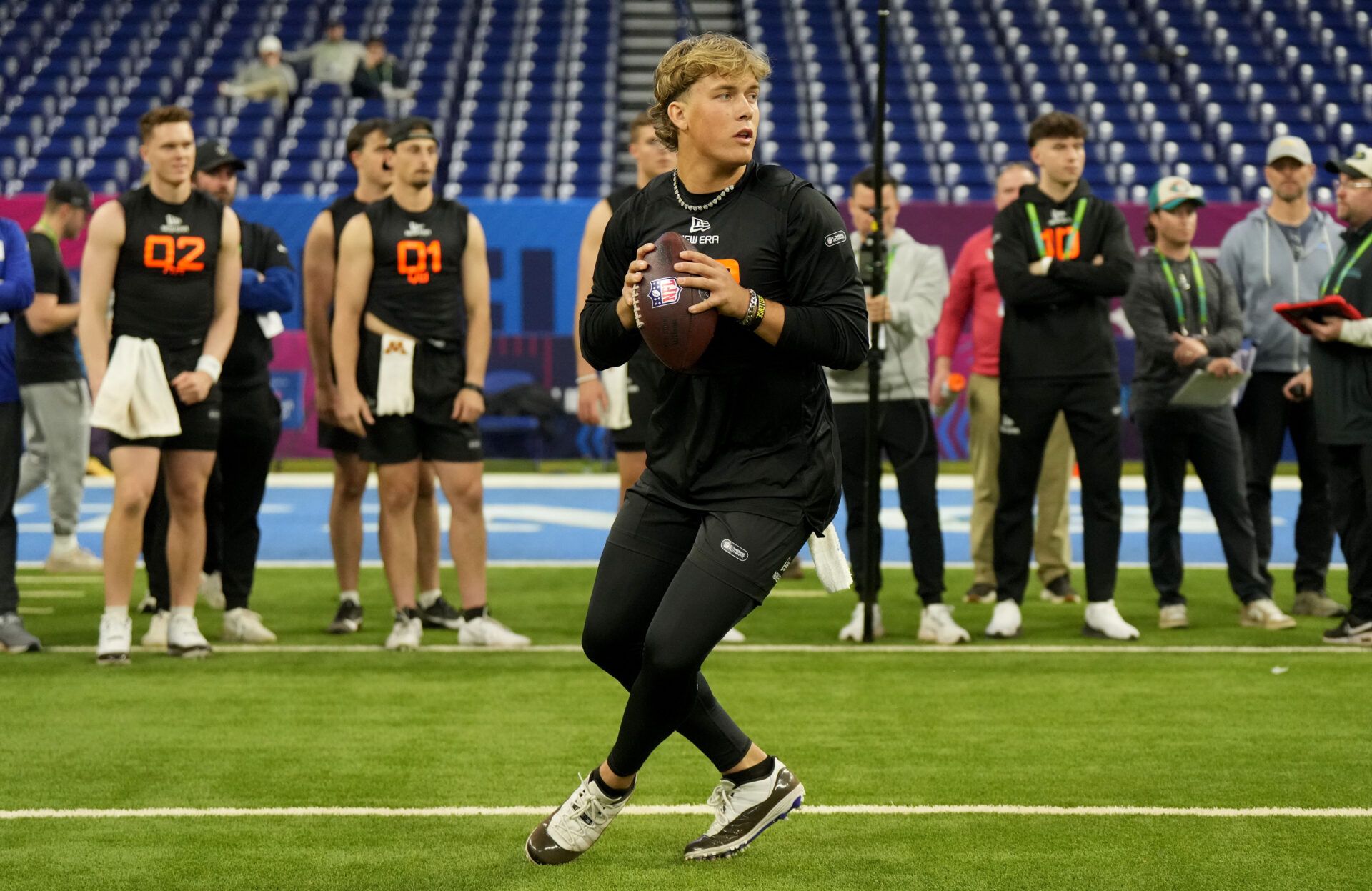 Mississippi quarterback Jaxson Dart (QB03) during the 2025 NFL Combine at Lucas Oil Stadium.