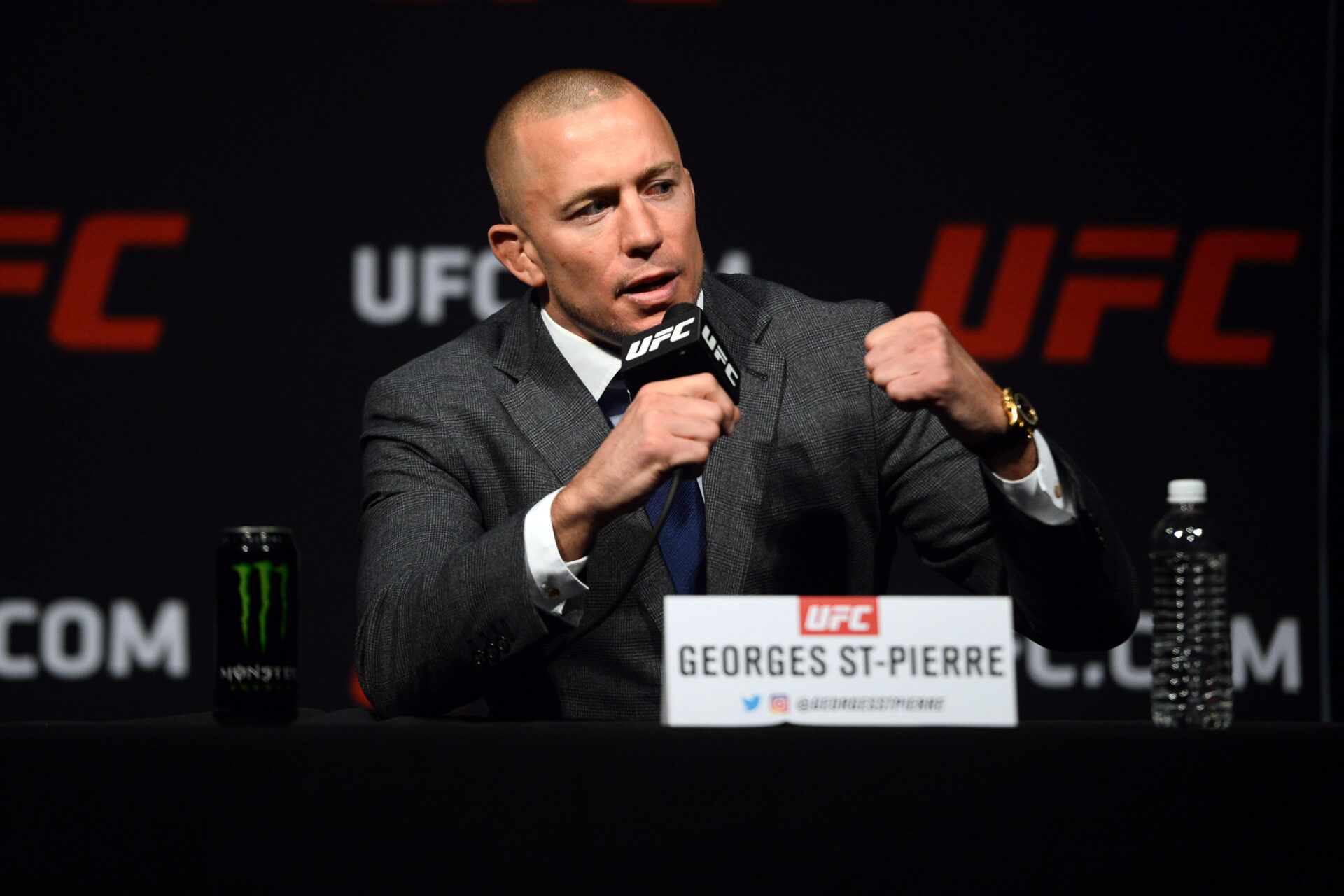 Mar 3, 2017; Las Vegas, NV, USA; Georges St-Pierre speaks during a press conference to promote his middleweight title bout against Michael Bisping (not pictured) prior to weigh ins for UFC 209 at T-Mobile Arena. Mandatory Credit: Joe Camporeale-USA TODAY Sports