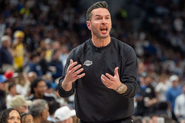 Apr 27, 2025; Minneapolis, Minnesota, USA; Los Angeles Lakers head coach JJ Redick lobbies for possession due to a Minnesota Timberwolves player kicking the ball in the third quarter during game four of first round for the 2025 NBA Playoffs at Target Center. Mandatory Credit: Matt Blewett-Imagn Images