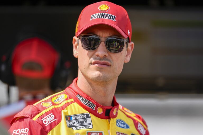 Mar 29, 2025; Martinsville, Virginia, USA; NASCAR Cup Series driver Joey Logano (22) during practice for the Cook Out 400 at Martinsville Speedway. Mandatory Credit: Jim Dedmon-Imagn Images