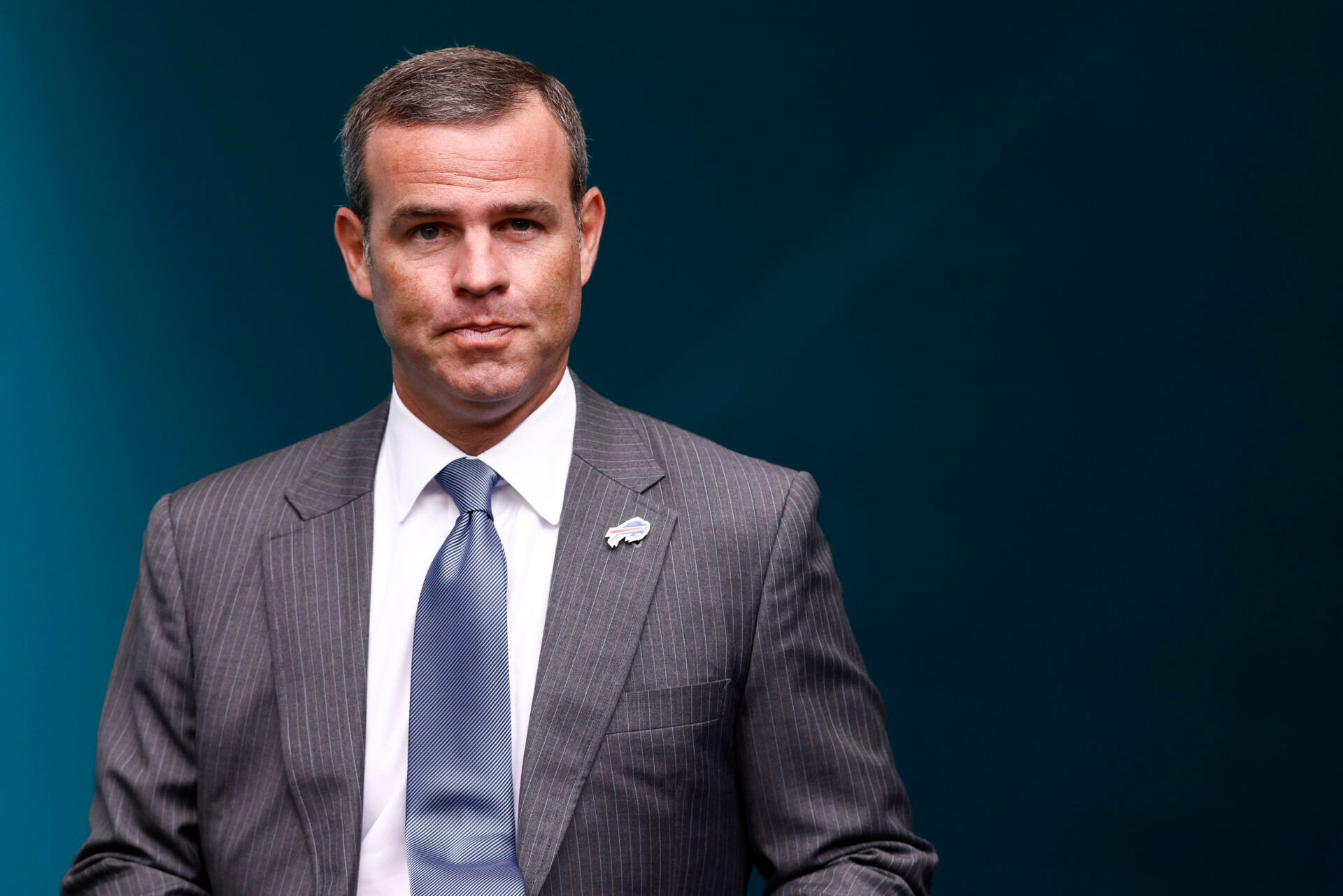 MIAMI GARDENS, FLORIDA - SEPTEMBER 19: General manager Brandon Beane of the Buffalo Bills looks on prior to the game against the Miami Dolphins at Hard Rock Stadium on September 19, 2021 in Miami Gardens, Florida. (Photo by Michael Reaves/Getty Images)