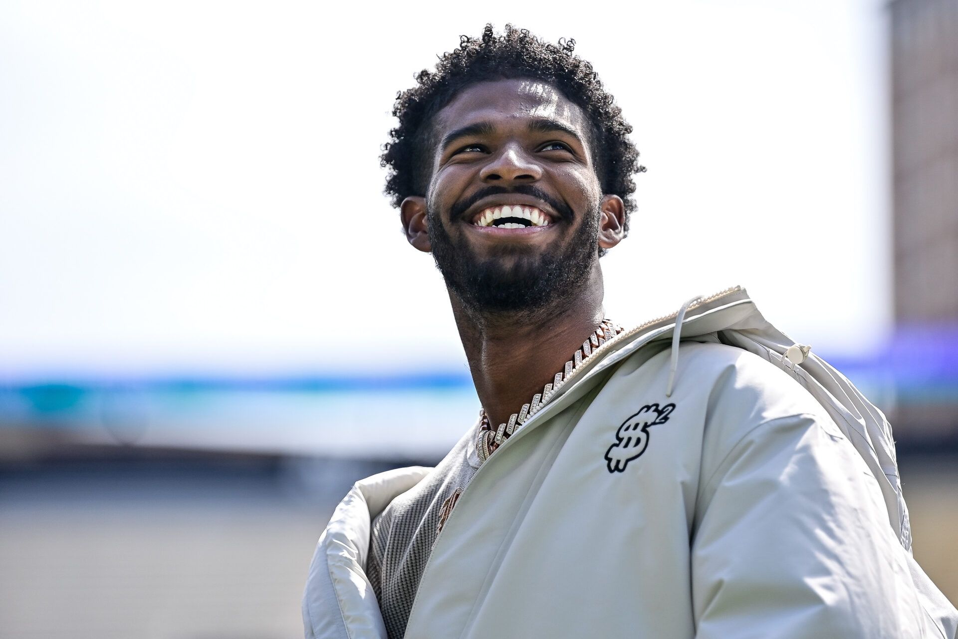 BOULDER, CO - APRIL 19: Former Colorado Buffaloes quarterback Shedeur Sanders looks on during a ceremony to retire his jersey before the Black and Gold Spring Game at Folsom Field on April 19, 2025 in Boulder, Colorado. (Photo by Dustin Bradford/Getty Images for ONIT)