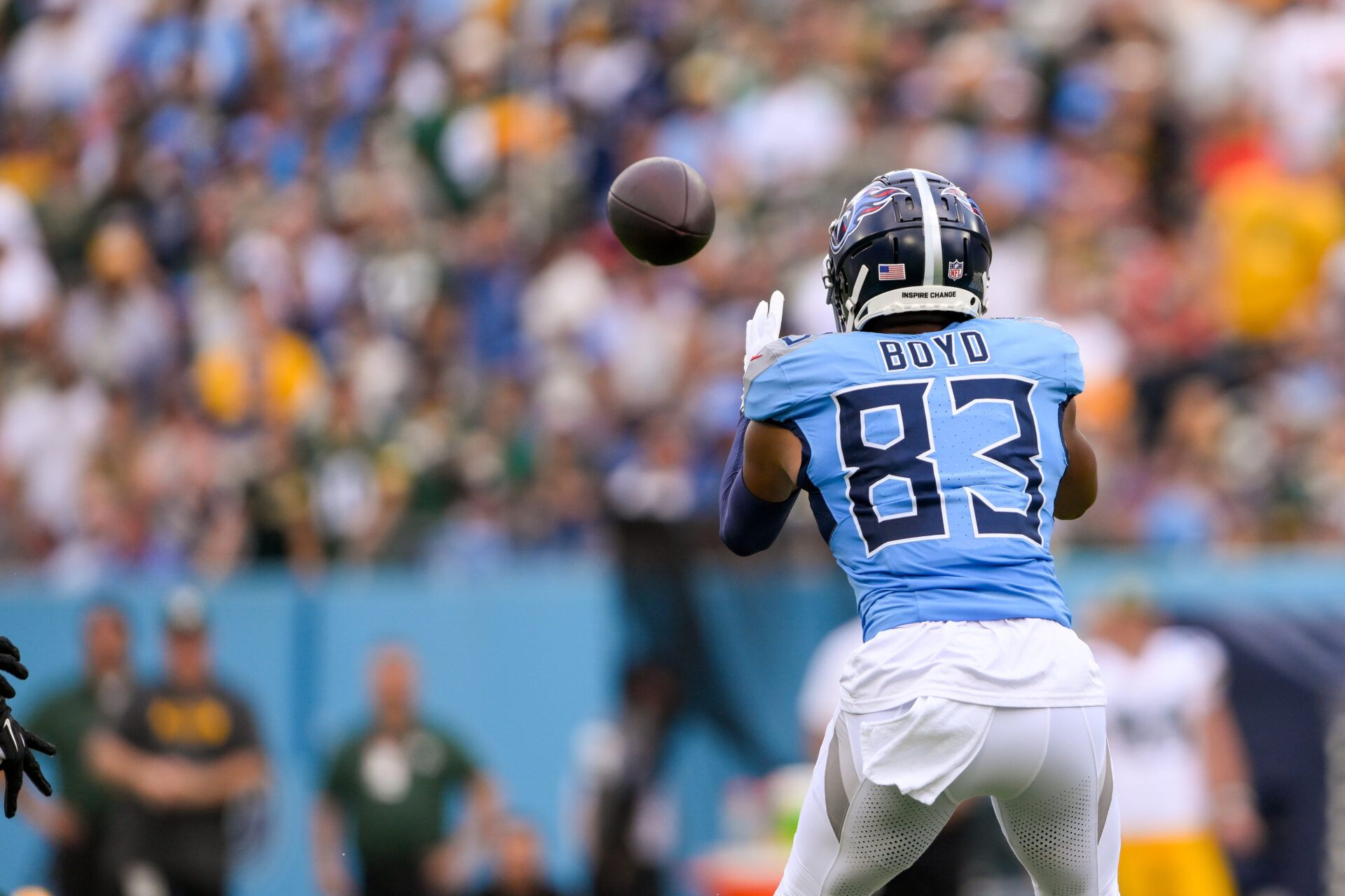 Sep 22, 2024; Nashville, Tennessee, USA; Tennessee Titans wide receiver Tyler Boyd (83) makes a catch against the Green Bay Packers during the first half at Nissan Stadium. Mandatory Credit: Steve Roberts-Imagn Images
