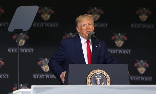 President Donald J. Trump addresses the graduates of the Class of 2020 during the commencement ceremony on the Plain at West Point.
