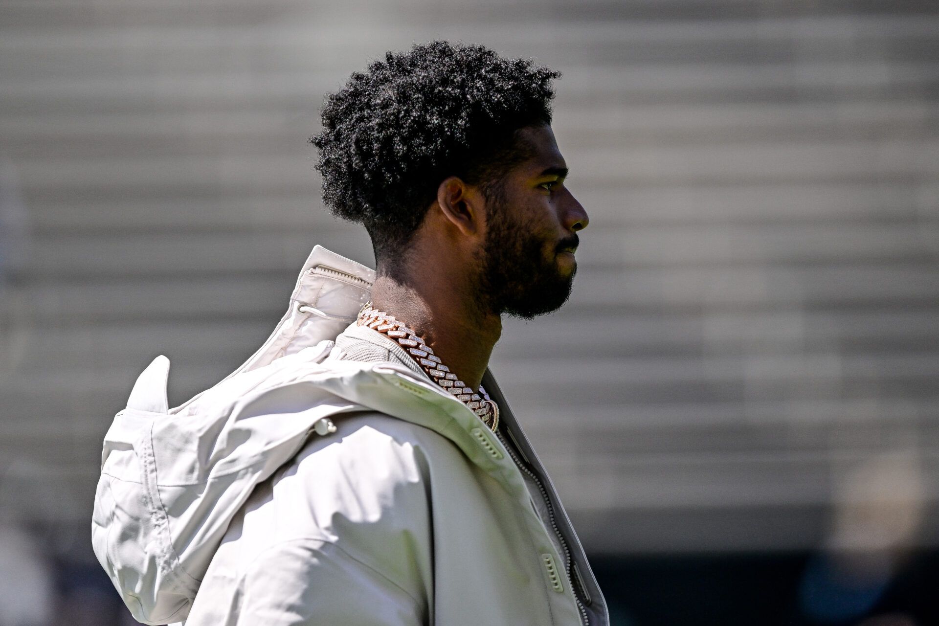 BOULDER, CO - APRIL 19: Former Colorado Buffaloes quarterback Shedeur Sanders looks on before the Black and Gold Spring Game at Folsom Field on April 19, 2025 in Boulder, Colorado. (Photo by Dustin Bradford/Getty Images for ONIT)