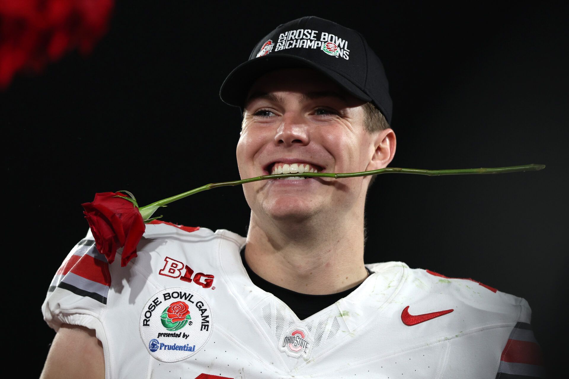 PASADENA, CALIFORNIA - JANUARY 01: Will Howard #18 of the Ohio State Buckeyes celebrates after defeating the Oregon Ducks 41-21 in the Rose Bowl Game Presented by Prudential at Rose Bowl Stadium on January 01, 2025 in Pasadena, California. (Photo by Harry How/Getty Images)