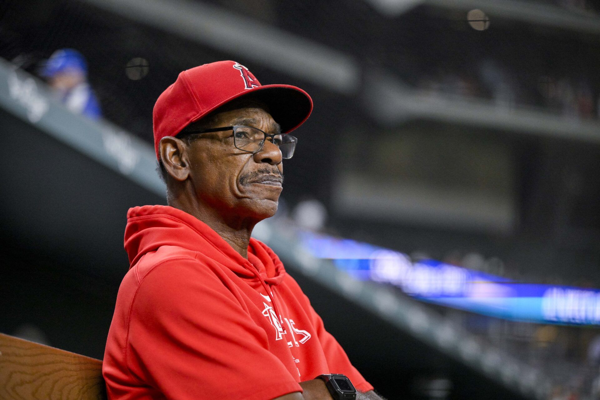 Los Angeles Angels manager Ron Washington (37) looks on from the dugout before the game against the Texas Rangers at Globe Life Field.