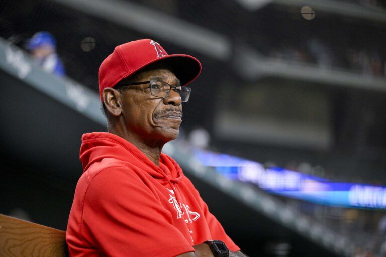 Los Angeles Angels manager Ron Washington (37) looks on from the dugout before the game against the Texas Rangers at Globe Life Field.
