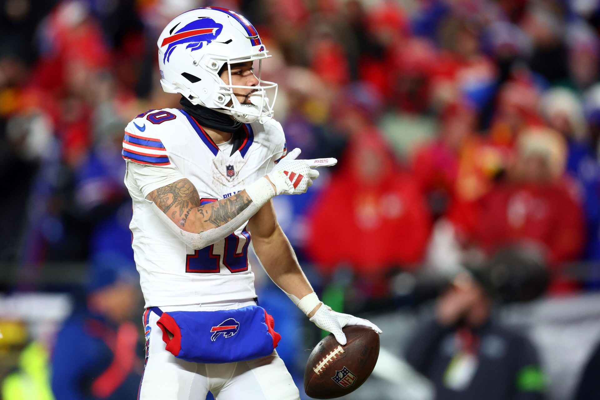 Buffalo Bills wide receiver Khalil Shakir (10) reacts after a catch against the Kansas City Chiefs during the first half in the AFC Championship game at GEHA Field at Arrowhead Stadium.