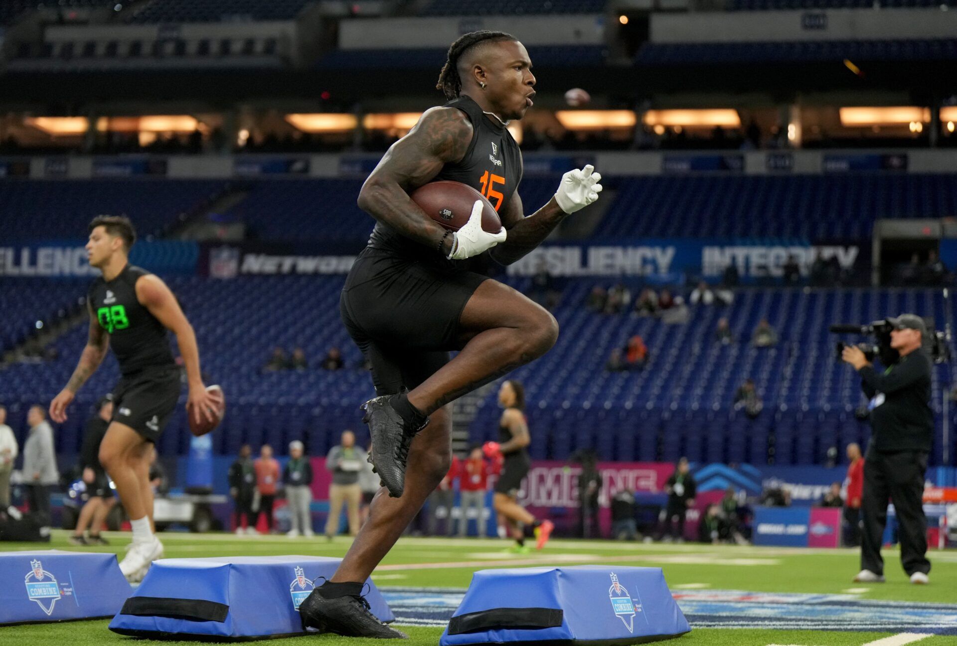 Iowa running back Kaleb Johnson (RB16) during the 2025 NFL Combine at Lucas Oil Stadium.