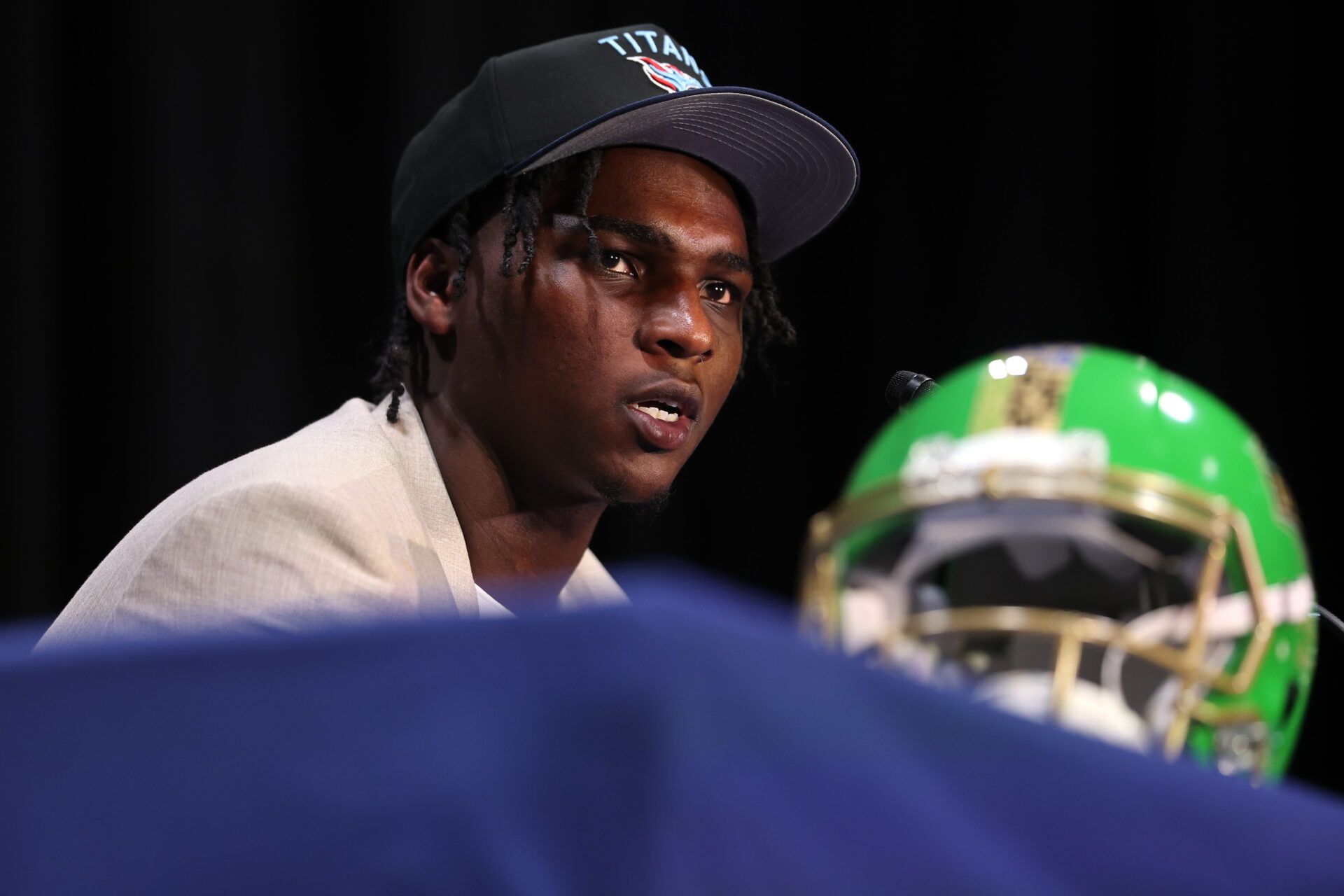 GREEN BAY, WISCONSIN - APRIL 24: Quarterback Cam Ward of Miami speaks with media after being selected first overall pick by the Tennessee Titans during the first round of the 2025 NFL Draft at Lambeau Field on April 24, 2025 in Green Bay, Wisconsin. (Photo by Michael Reaves/Getty Images)
