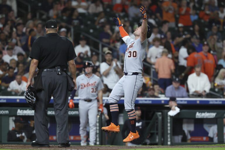 Detroit Tigers left fielder Kerry Carpenter (30) rounds the bases after hitting a home run during the third inning against the Houston Astros at Daikin Park.