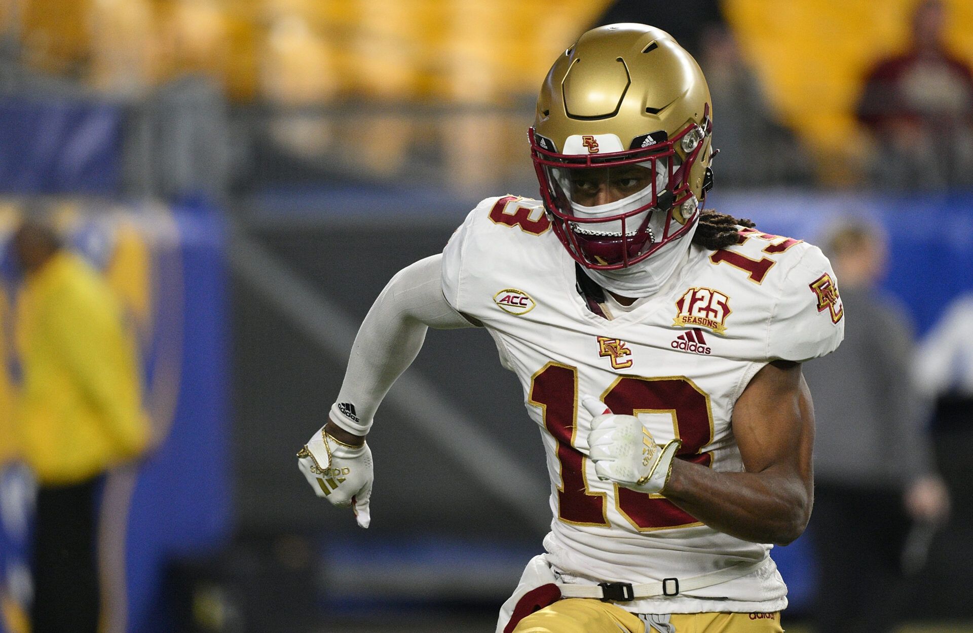 PITTSBURGH, PENNSYLVANIA - NOVEMBER 16: Dino Tomlin #13 of the Boston College Eagles warms up before the game against the Pittsburgh Panthers at Acrisure Stadium on November 16, 2023 in Pittsburgh, Pennsylvania. (Photo by Justin Berl/Getty Images)