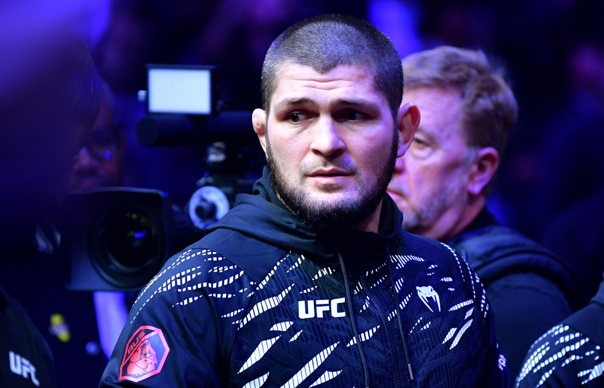 Jan 18, 2025; Inglewood, California, USA; Khabib Nurmagomedov before a bout between Merab Dvalishvili (not pictured) fights Umar Nurmagomedov (not pictured) during UFC 311 at Intuit Dome. Mandatory Credit: Gary A. Vasquez-Imagn Images