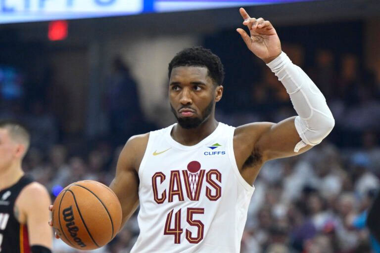 Apr 23, 2025; Cleveland, Ohio, USA; Cleveland Cavaliers guard Donovan Mitchell (45) reacts in the first quarter of game two of the first round of the 2025 NBA Playoffs against the Miami Heat at Rocket Arena. Mandatory Credit: David Richard-Imagn Images
