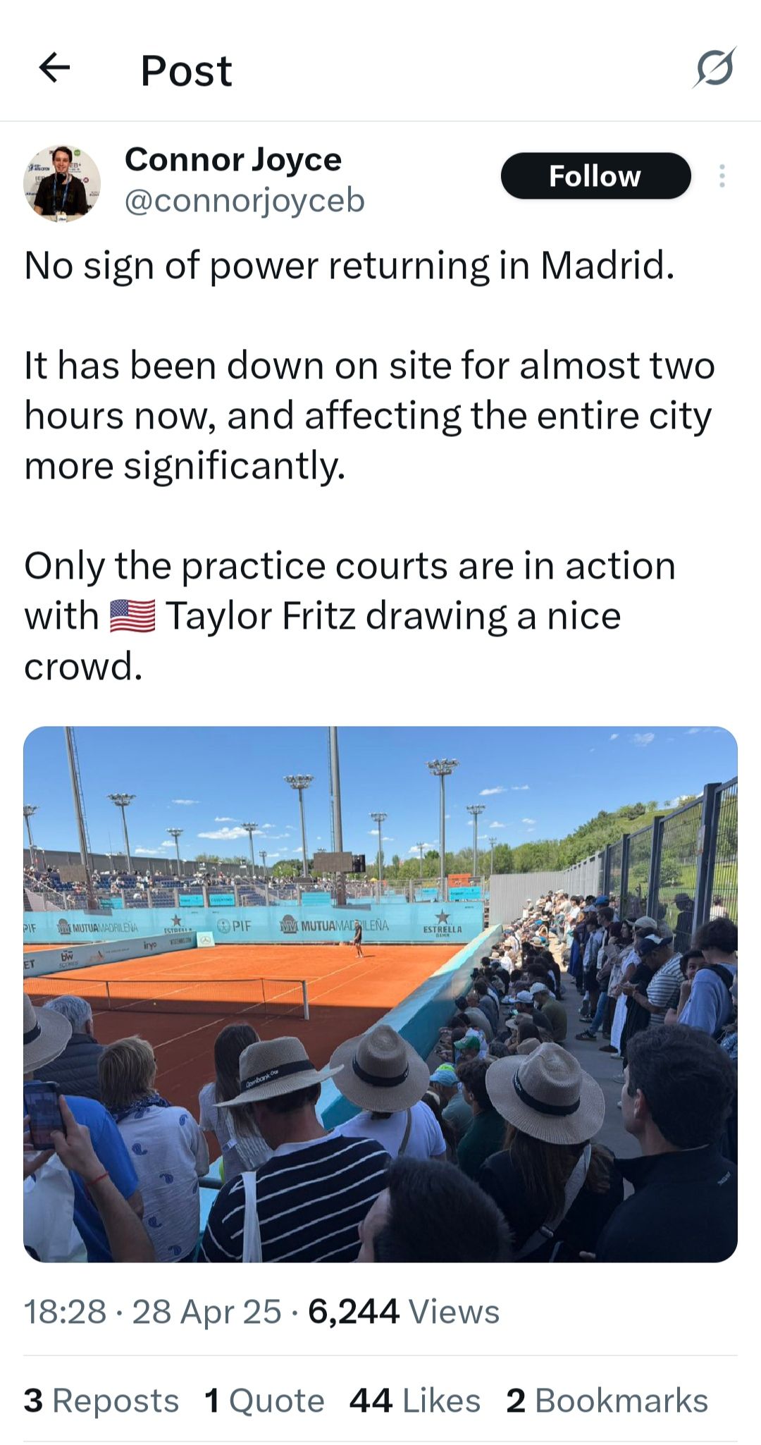 Taylor Fritz practiced at the Madrid Open amid blackout