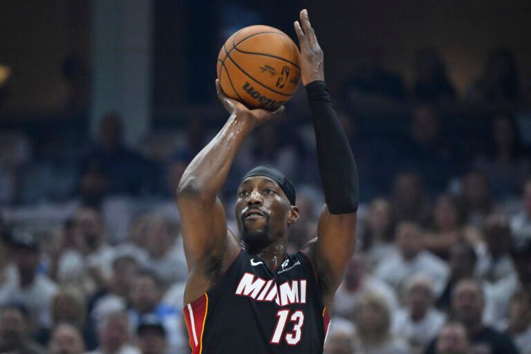 Apr 23, 2025; Cleveland, Ohio, USA; Miami Heat center Bam Adebayo (13) shoots in the first quarter of game two of the first round of the 2025 NBA Playoffs against the Cleveland Cavaliers at Rocket Arena. Mandatory Credit: David Richard-Imagn Images