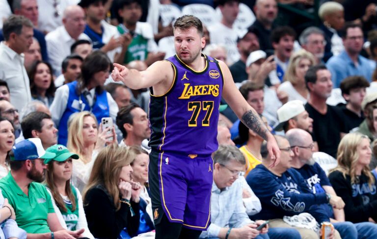 Apr 9, 2025; Dallas, Texas, USA; Los Angeles Lakers guard Luka Doncic (77) reacts during the first quarter against the Dallas Mavericks at American Airlines Center. Mandatory Credit: Kevin Jairaj-Imagn Images