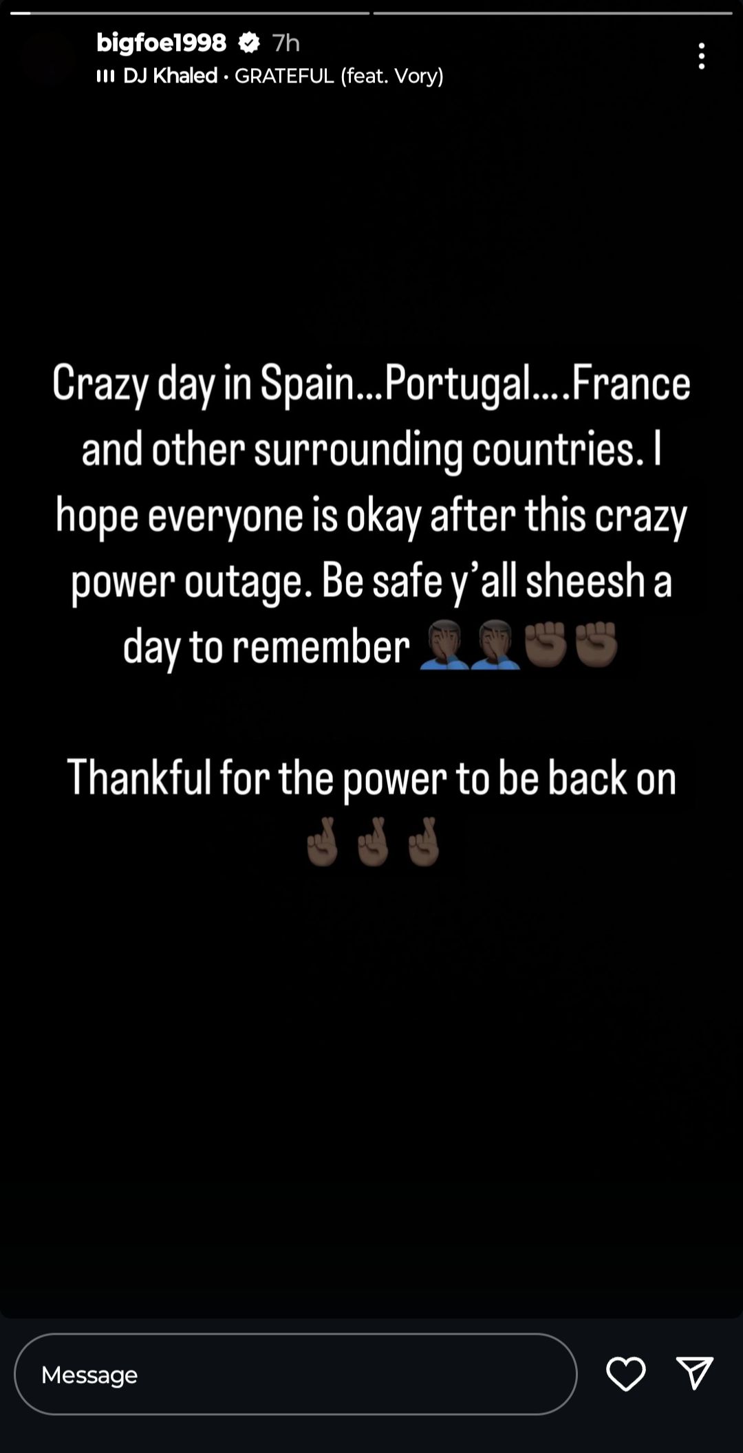 Screengrab of Frances Tiafoe's Instagram stories (@bigfoe1998)