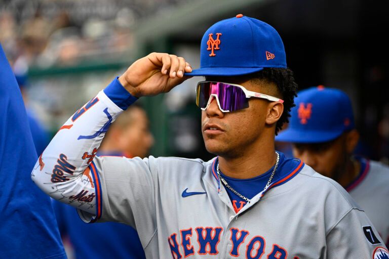 New York Mets outfielder Juan Soto (22) in the dugout against the Washington Nationals during the second inning at Nationals Park.