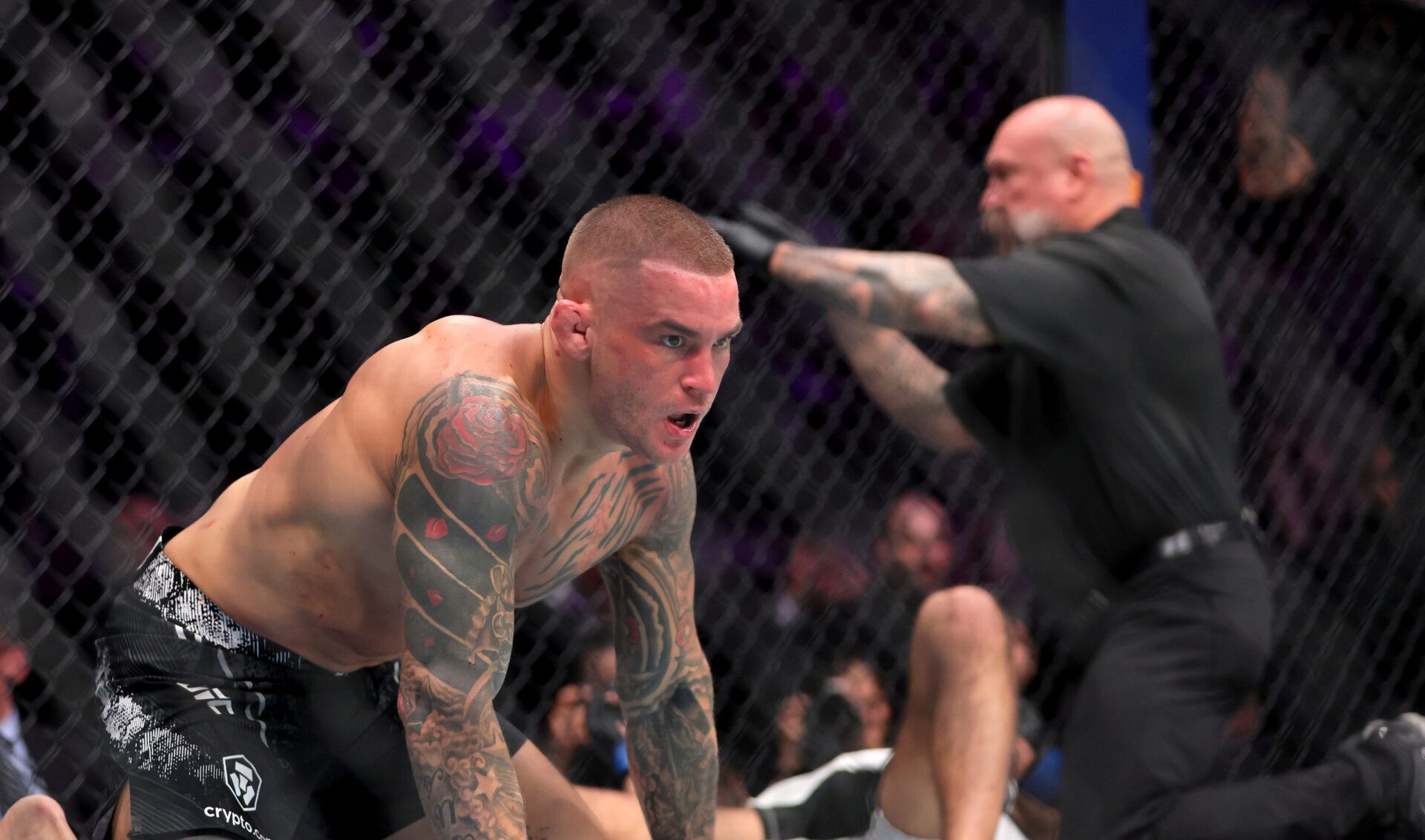 Mar 9, 2024; Miami, Florida, USA; Dustin Poirier reacts after knocking out Benoit Saint Denis during UFC 299 at Kayesa Center. Mandatory Credit: Sam Navarro-USA TODAY Sports