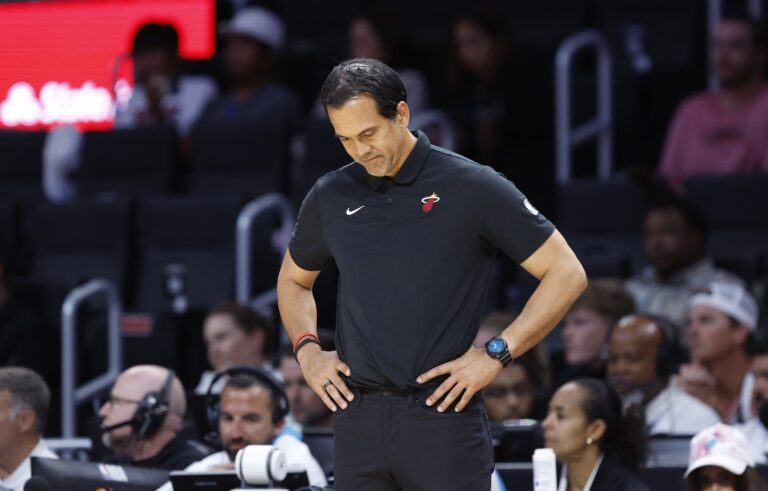 Apr 13, 2025; Miami, Florida, USA; Miami Heat head coach Erik Spoelstra reacts against the Washington Wizards during the second half at Kaseya Center. Mandatory Credit: Rhona Wise-Imagn Images